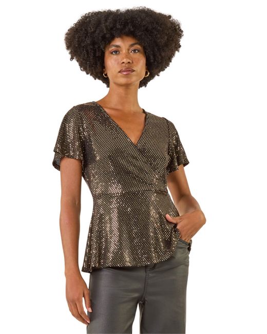 Roman Black Sparkly Wrap Front Tunic Top