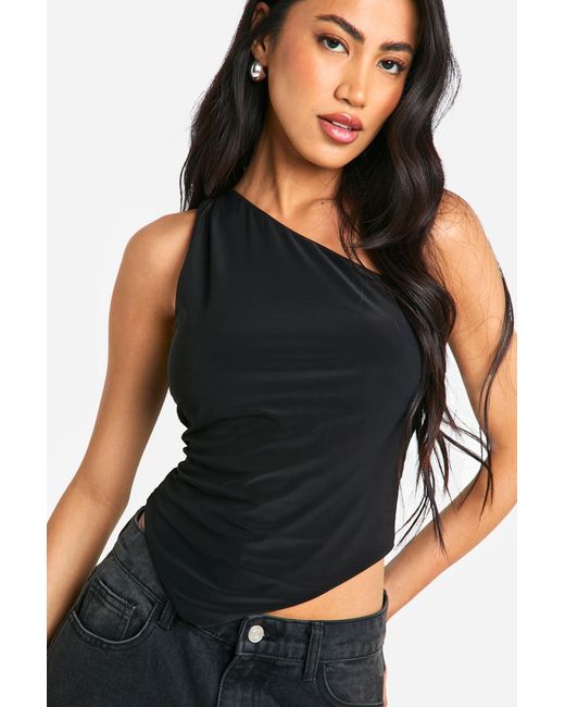 Boohoo Black Double Layer Slinky One Shoulder Asym Hem Top