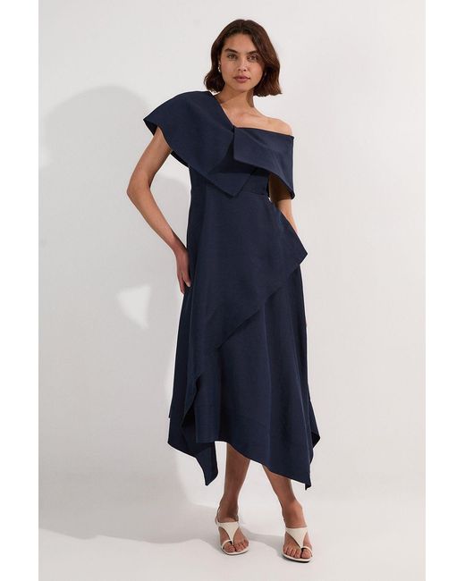 Karen Millen Blue Premium Tailored Linen Asymmetric Shoulder Full Midi Dress
