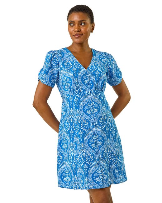 Roman Blue Daisy Print V-Neck Tea Dress
