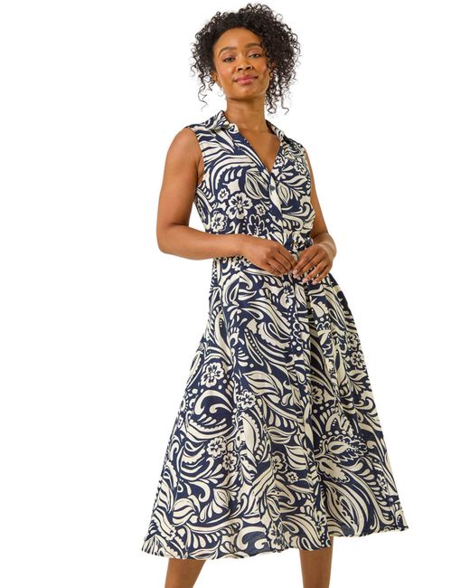 Roman White Petite Abstract Midi Shirt Dress