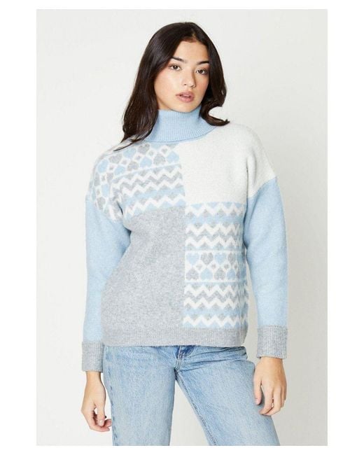 Oasis Blue Contrast Print Roll Neck Sweater
