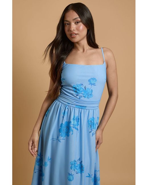 Oasis Blue Petite Printed Mesh Strappy Prom Midi Dress