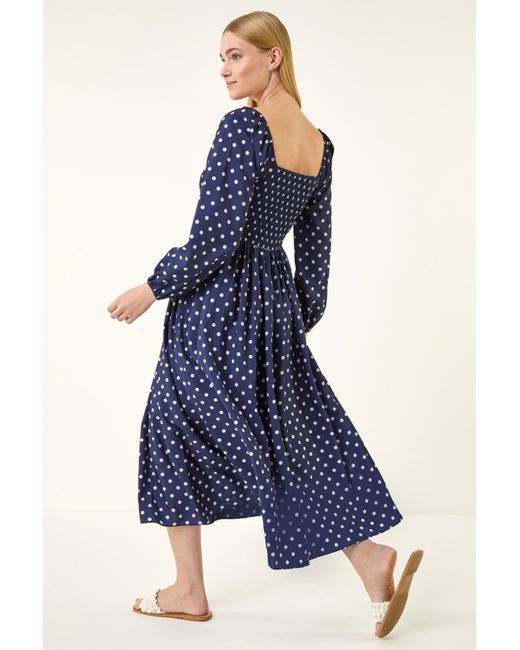 Roman Blue Spot Shirred Midi Dress
