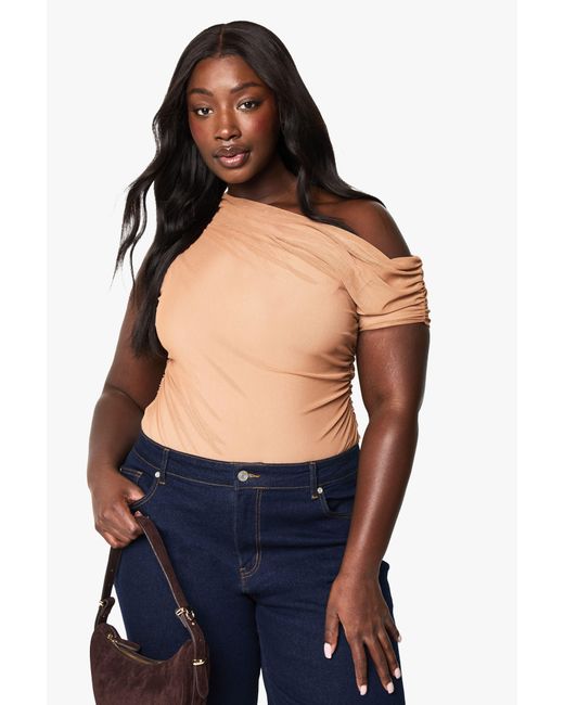 Boohoo Blue Plus Mesh Overlay Ruched One Piece