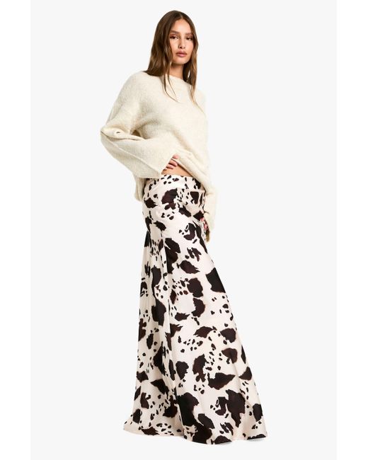 Boohoo White Cow Print Satin Maxi Skirt