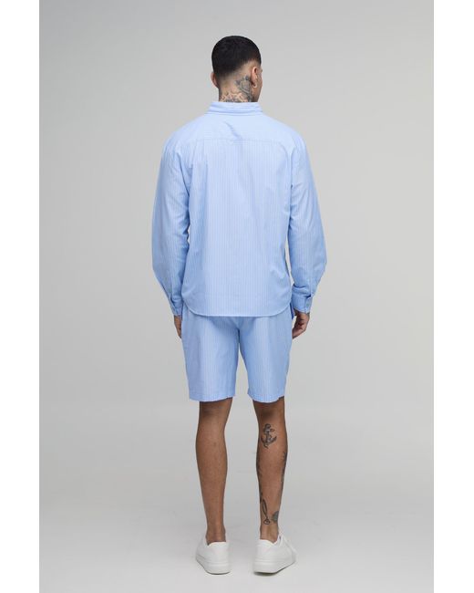 BoohooMAN Blue Tall Stripe Poplin Curved Hem Oversized Shirt & Baggy Short Set for men