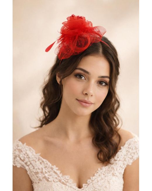 SVNX Red Rosette Faux Pearl & Polka Veil Feather Fascinator