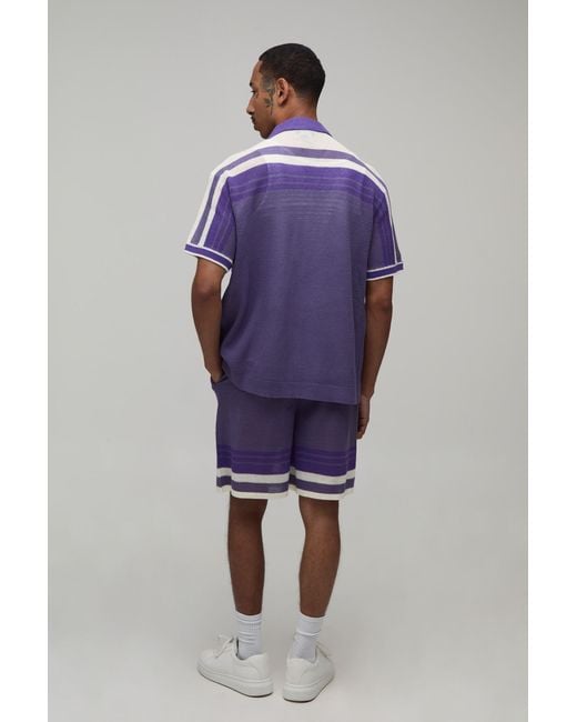 BoohooMAN Purple Relaxed Open Stitch Striped Knitted Shirt And Short Set for men