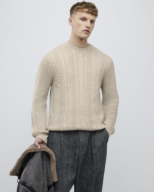 River Island Natural Jumper Cream Slim Fit Cable Knit for men