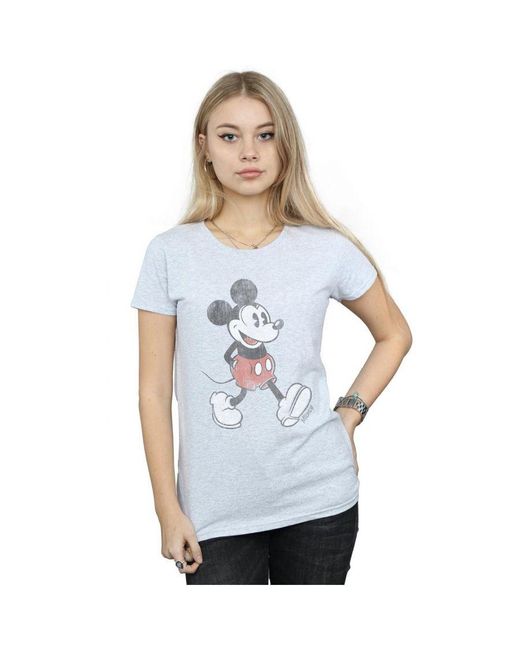 Disney Blue Ladies Walking Mickey Mouse Cotton T-Shirt (Sports)