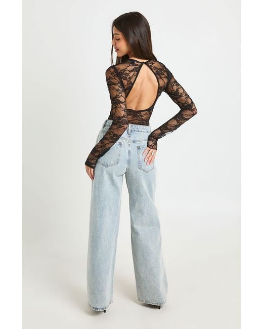 Boohoo Black Lace Long Sleeve Bodysuit