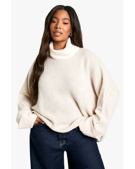 Boohoo Plus Roll Neck Longline Batwing Jumper in Natural Lyst UK