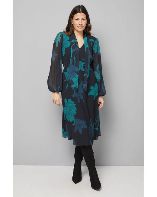 Wallis Blue Floral Pussybow Tie Neck Midi Dress
