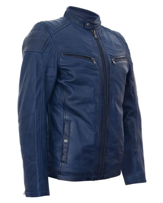 Infinity Leather Blue Vintage Quilted Racing Zipped Biker Jacket for men