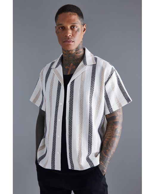BoohooMAN Gray Oversized Revere Linen Look Stripe Shirt for men