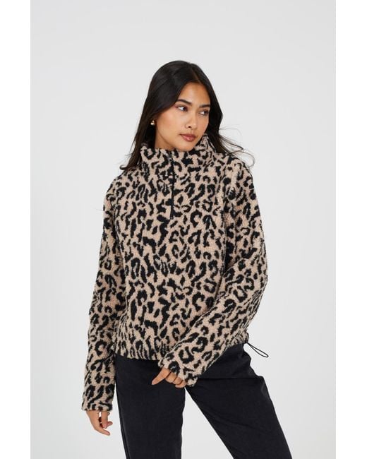 Brave Soul White Half Zip Leopard Print Sherpa Fleece Sweatshirt