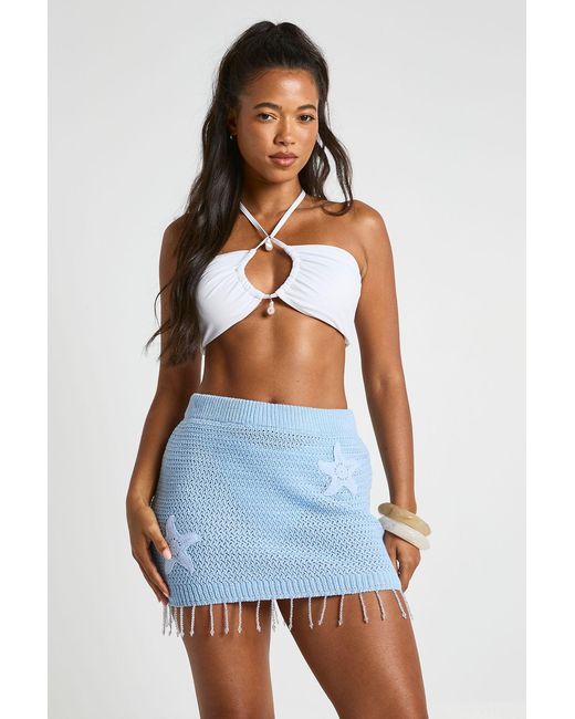 Boohoo Blue Crochet Starfish Embellished Beaded Hem Mini Skirt