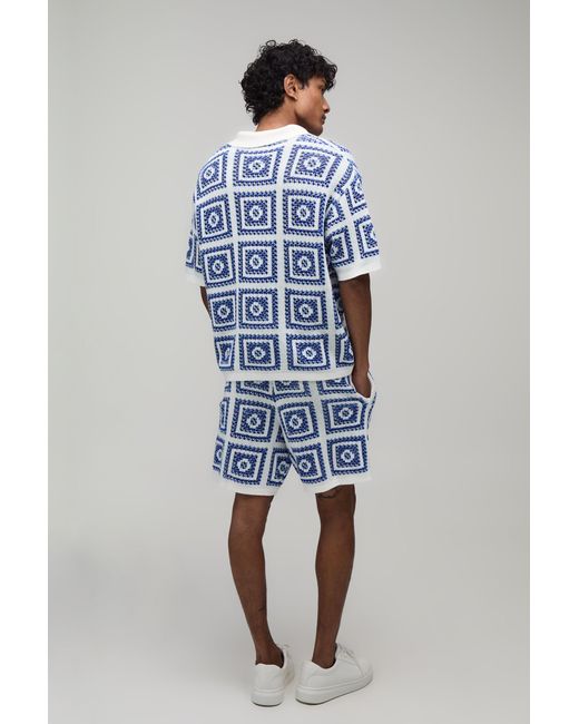 BoohooMAN Blue Oversized Boxy Crochet Patch Knitted Polo And Short Set for men