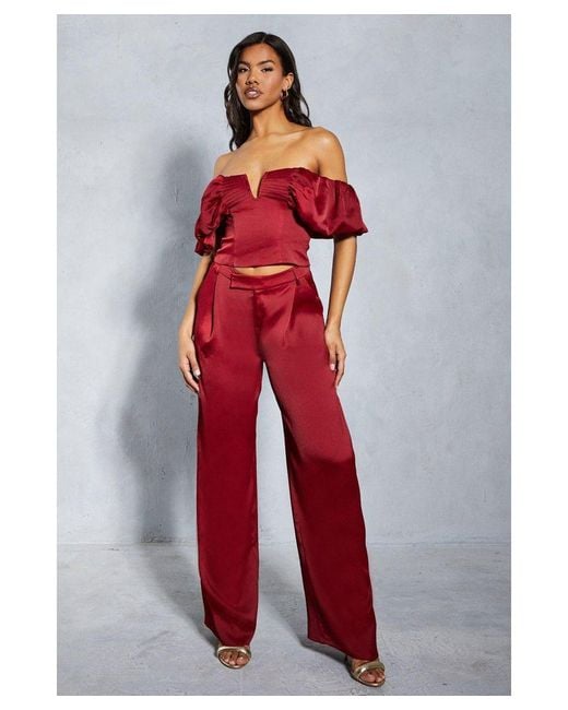 MissPap Textured Satin Pleated Bust Frill Bardot Top