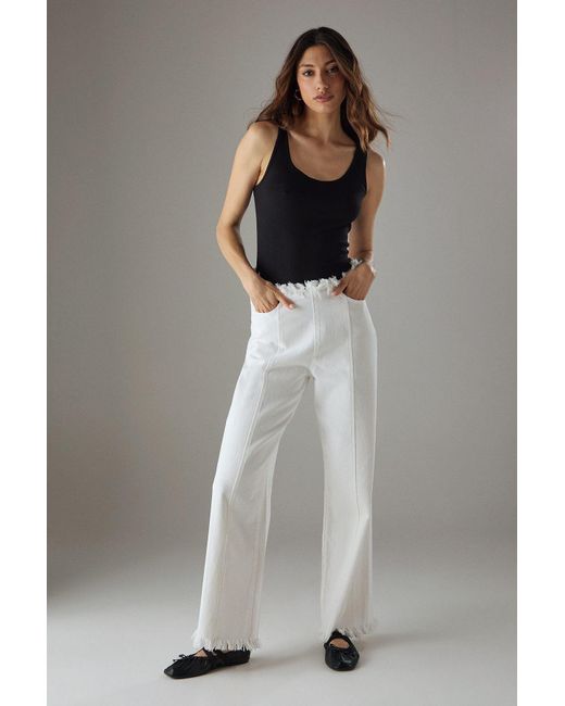Warehouse Gray Fray Detail Wide Leg Jeans With Seam Detailing