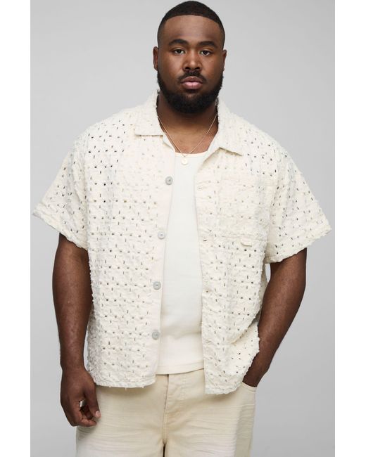BoohooMAN Natural Plus Lasered Super Distressed Boxy Revere Shirt for men