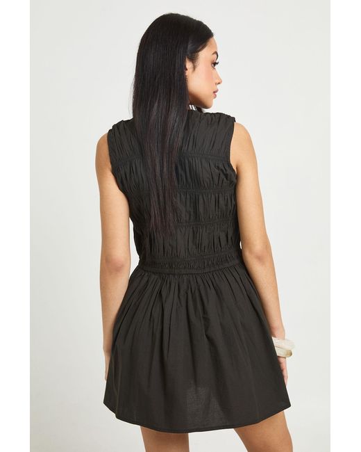Boohoo Black Cotton Poplin Shirred Mini Dress
