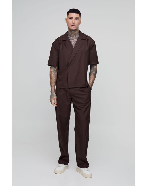 BoohooMAN Brown Tall Tailored Boxy Wrap Shirt for men