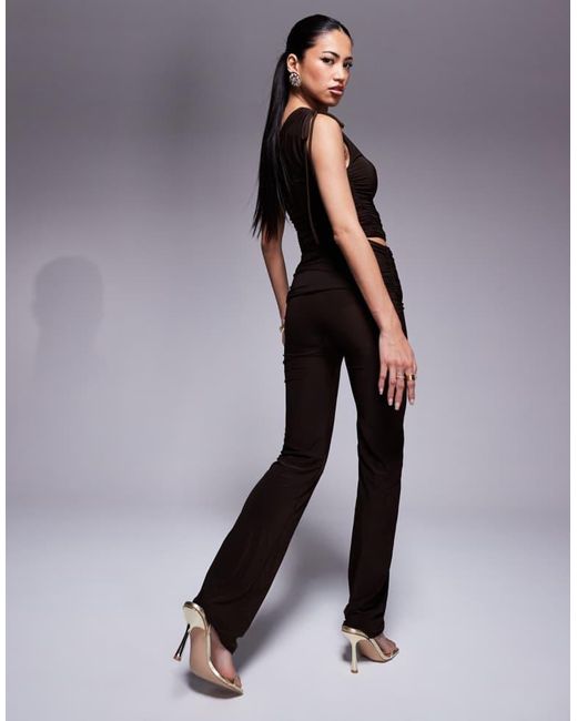Kaiia Black Exclusive Double Layered Slinky Folded Waist Flared Trousers Co-Ord