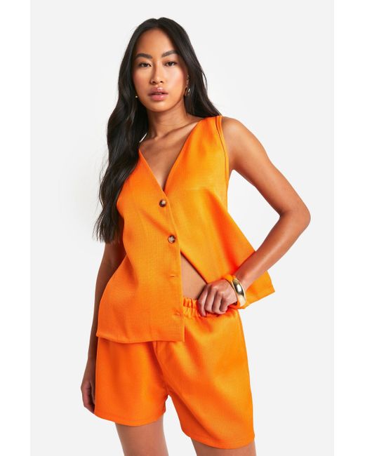 Boohoo Orange Textured Linen Look Relaxed Fit Shorts