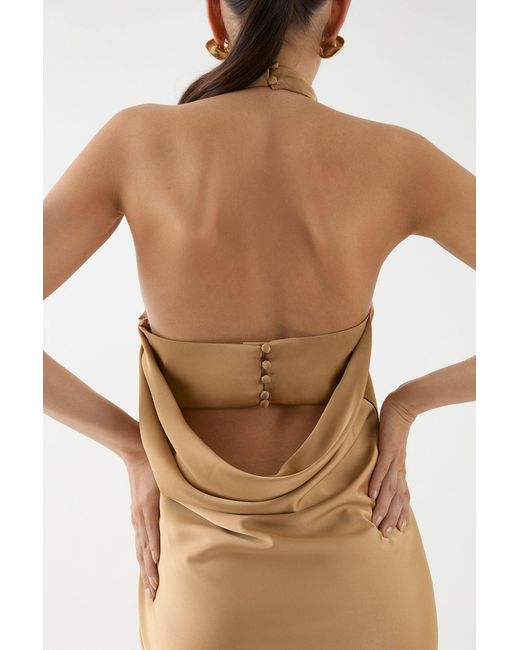 MissPap Natural High Neck Satin Cowl Back Bridesmaid Dress