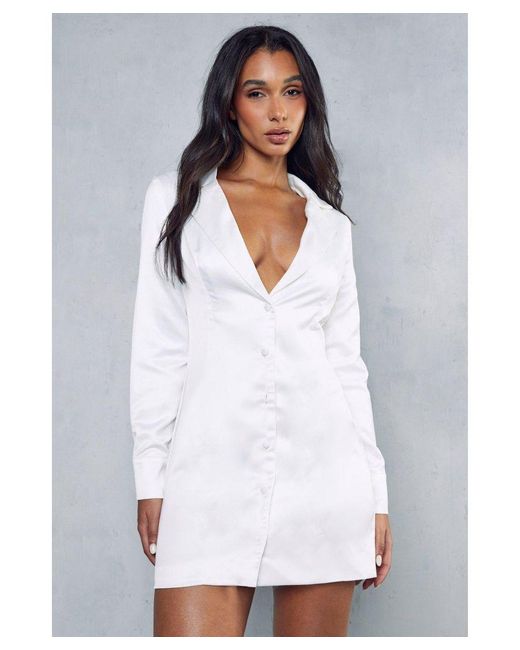 MissPap White Satin Structured Waist Plunge Shirt Dress