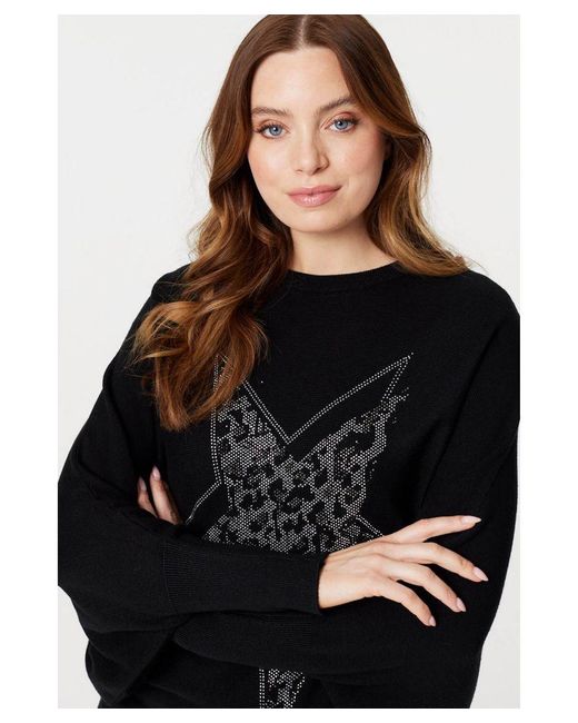 Izabel London Black Star Embellished Knit Sweater Acrylic/Polyester