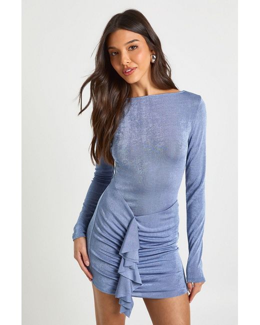 Boohoo Blue Slash Neck Ruffle Detail Acetate Slinky Mini Dress