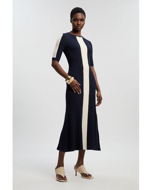 Karen Millen Blue Colour Block Rib Knitted Maxi Dress