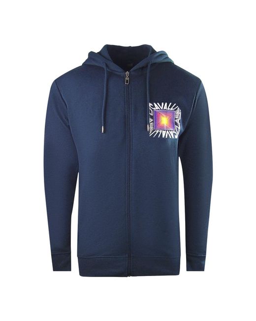 Roberto Cavalli Blue Aysmmetric Box Design Zip-Up Hoodie Cotton for men
