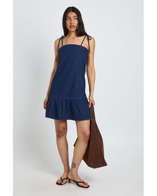 Boohoo Blue Tall Strappy Dropped Hem Denim Mini Dress