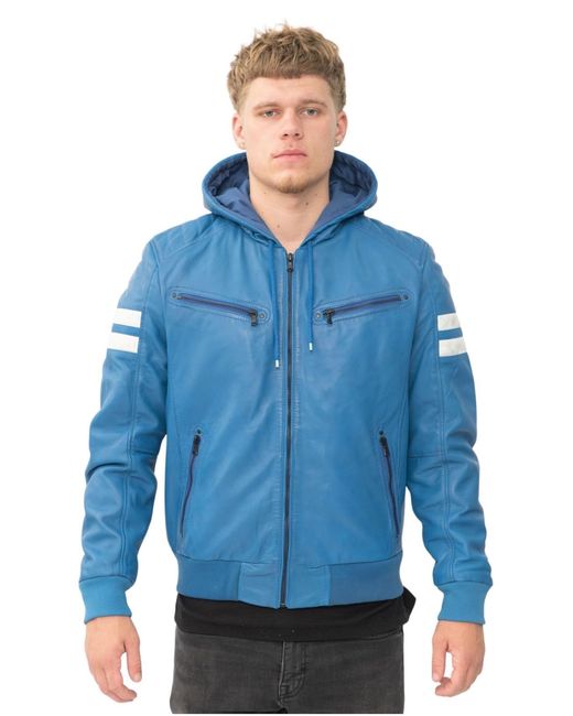 Infinity Leather Blue Hooded Retro Bomber Jacket for men