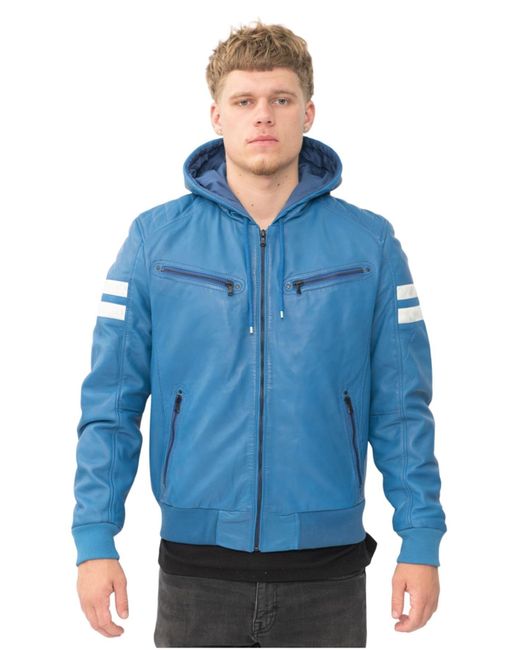 Infinity Leather Blue Hooded Retro Bomber Jacket for men