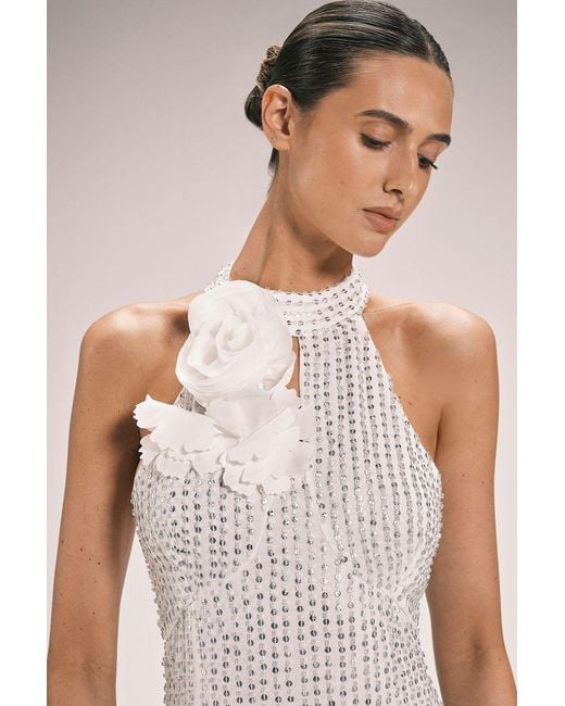 Karen Millen Natural Crystal Applique Woven Maxi Rosette Dress