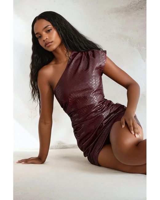 Hiccup Brown One Shoulder Faux Textured Mini Dress With Bodycon Fit