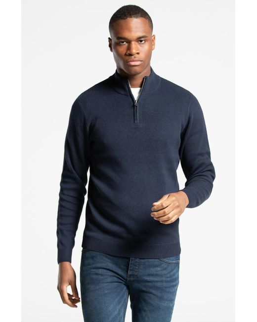 Kensington Eastside Blue Recycled Cotton Blend 1/4 Zip Funnel Neck Jumper for men