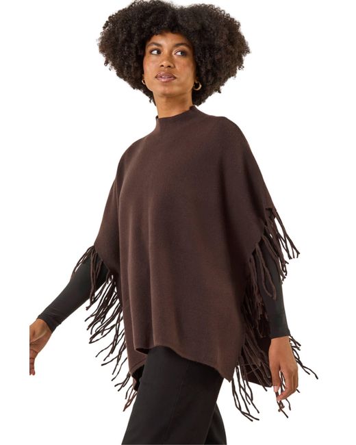 Roman Brown Fringe Hem Knit Poncho