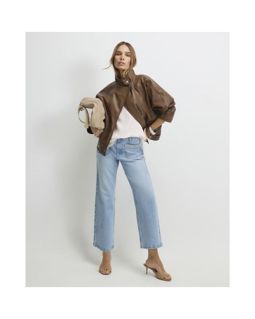 River Island Blue Cropped Jeans High Waisted Wide Leg Cotton