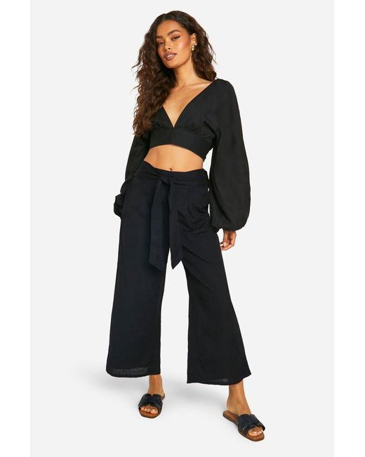 Boohoo Blue Linen Look Balloon Sleeve Crop & Wide Leg Trousers