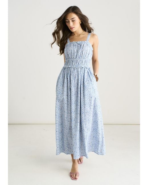 Gini London Blue Ditsy Floral Shirred Bodice Midi Dress