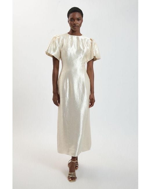 Karen Millen White Puff Sleeve Metallic Textured Midi Dress