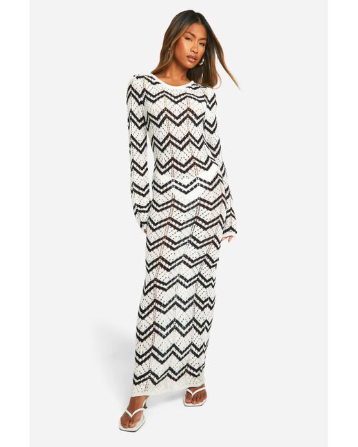 Boohoo White Monochrome Zig Zag Crochet Maxi Dress
