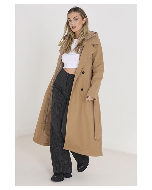 Brave Soul Natural 'Filippa' Faux Wool Maxi Hooded Trench Coat