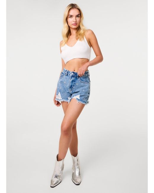 Pink Vanilla Blue Bow Embellished Denim Shorts